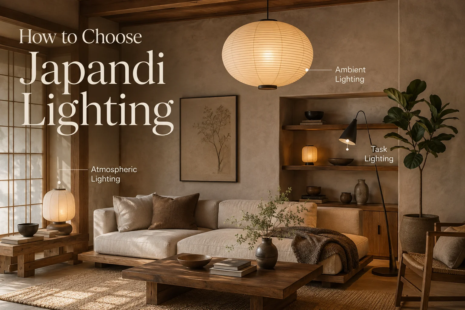 Japandi lighting in a warm living room featuring ambient pendant lighting, task floor lighting and soft atmospheric lamps