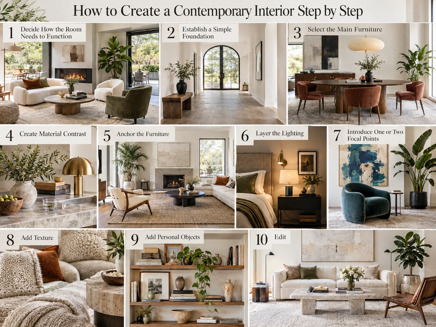 How to create a contemporary interior step by step with furniture, materials, rugs, lighting, focal points, texture and curated decor