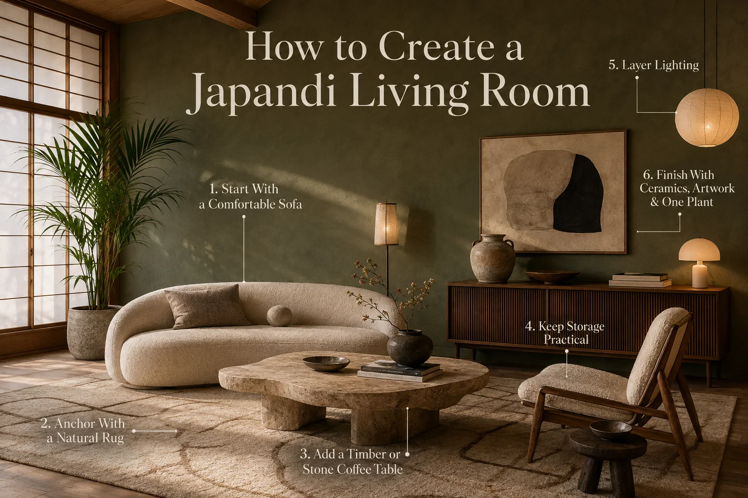 Japandi living room with curved neutral sofa, natural rug, stone coffee table, practical wood storage, layered lighting, ceramics, artwork and indoor greenery