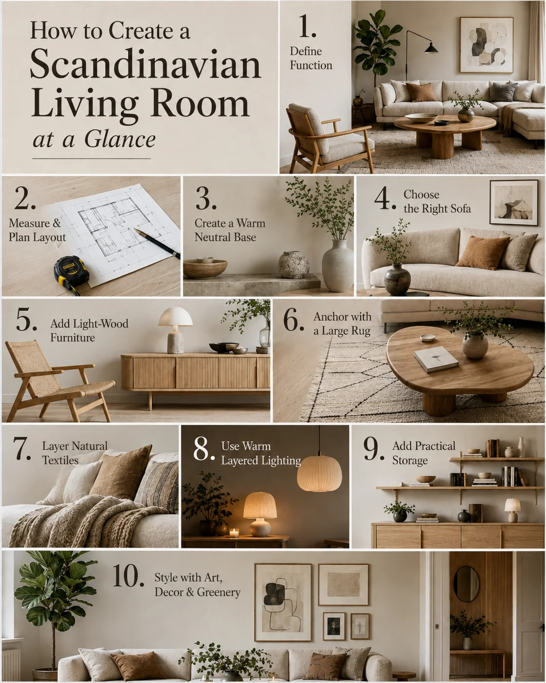 How to create a Scandinavian living room step by step with layout, neutral colors, light wood furniture, layered textiles, lighting, storage and decor