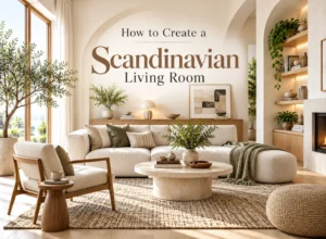 Bright Scandinavian living room with cream sectional sofa, natural wood furniture, layered textiles, greenery and warm neutral decor