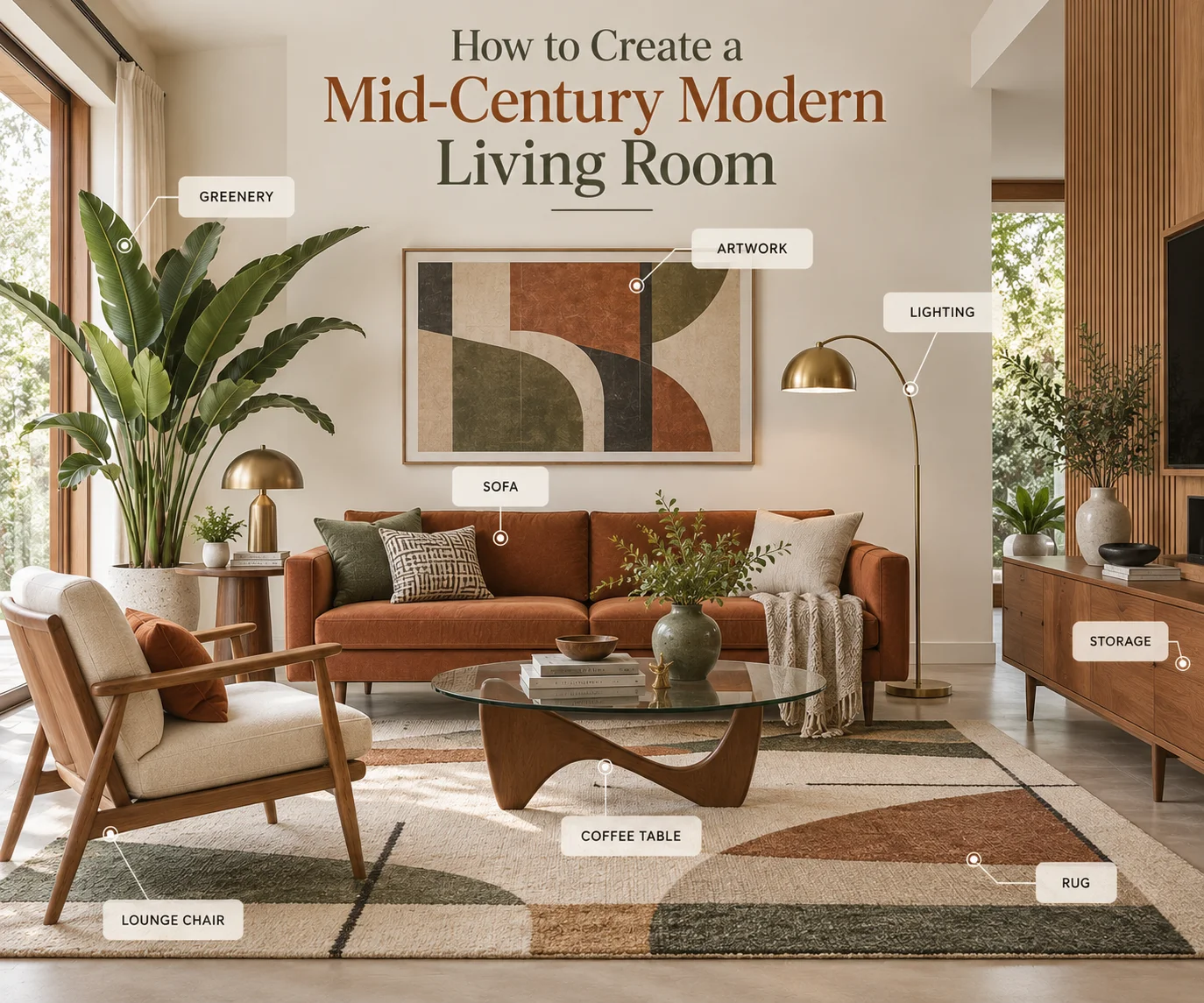 How to create a Mid-Century Modern living room with rust sofa, lounge chair, glass coffee table, abstract art, layered lighting, rug and greenery