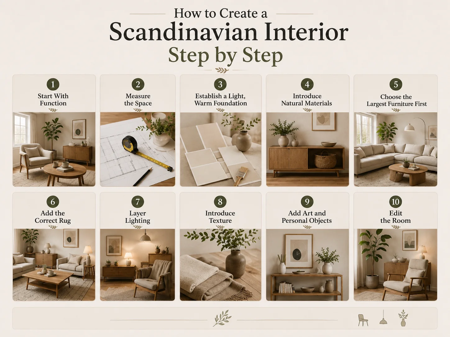 How to create a Scandinavian interior step by step with functional planning, warm neutrals, natural materials, rugs, layered lighting, texture and personal decor