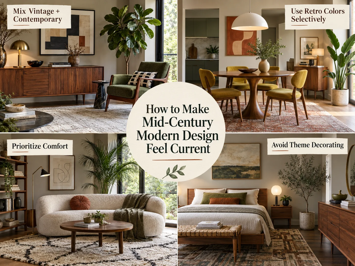 How to make Mid-Century Modern design feel current with vintage and contemporary furniture, selective retro colors, comfortable seating and restrained decor