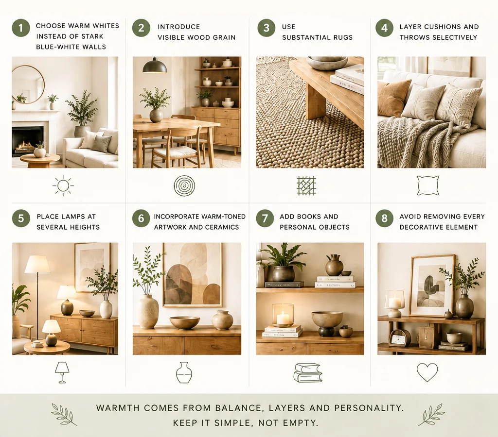 Scandinavian interior design infographic showing how to make a room feel cozy with warm whites, visible wood grain, substantial rugs, layered cushions, varied lighting, artwork and personal decor.