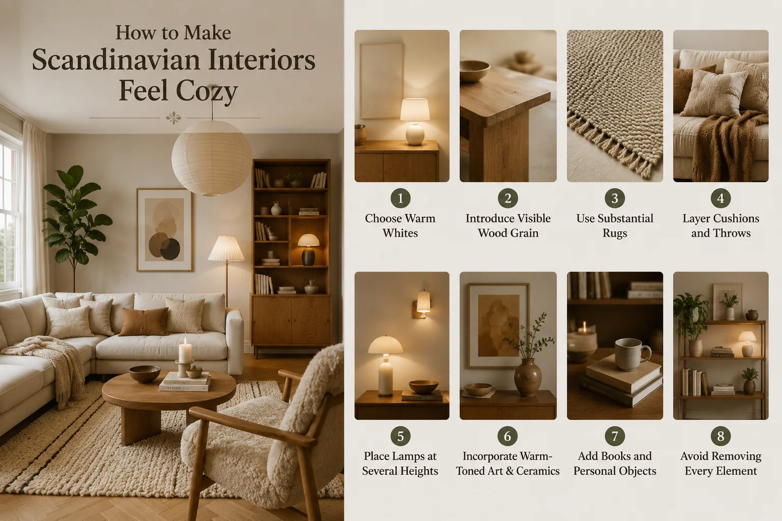 Cozy Scandinavian interior with warm whites, visible wood grain, layered rugs, cushions, lamps, artwork, ceramics, books and personal decor