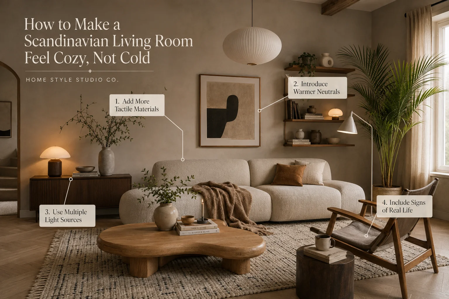 Cozy Scandinavian living room with warm neutrals, layered textures, multiple light sources, natural wood, books, artwork and greenery