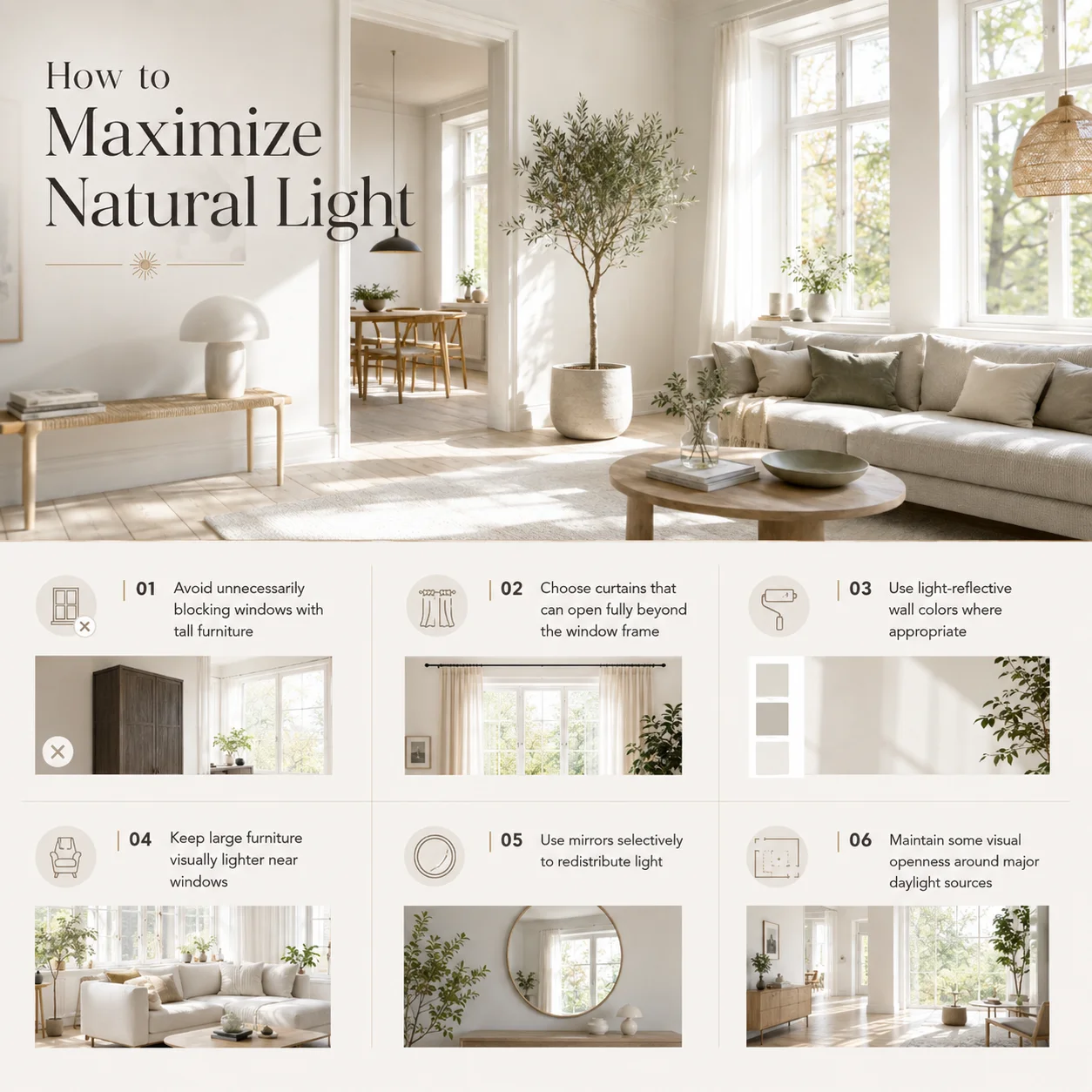 Scandinavian design infographic showing how to maximize natural light with open windows, light-reflective colors, lightweight furniture, curtains and mirrors.