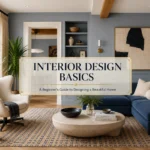 Interior Design Basics featured image with a modern living room and the title A Beginner’s Guide to Designing a Beautiful Home