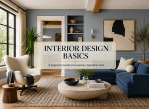 Interior Design Basics featured image with a modern living room and the title A Beginner’s Guide to Designing a Beautiful Home