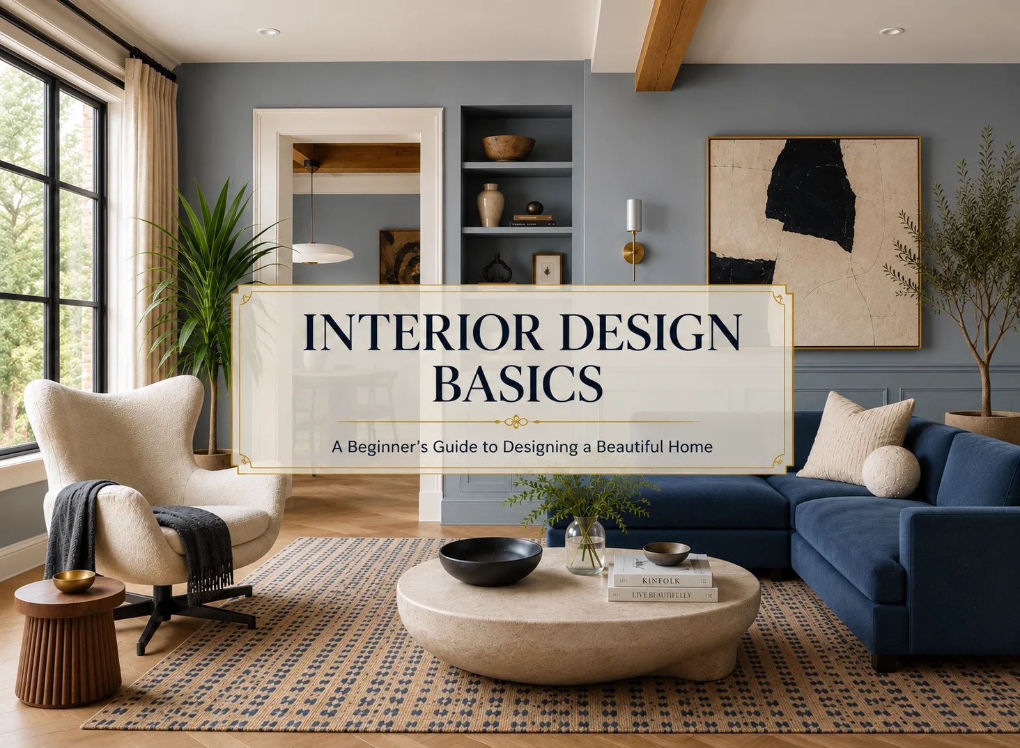 Interior Design Basics featured image with a modern living room and the title A Beginner’s Guide to Designing a Beautiful Home