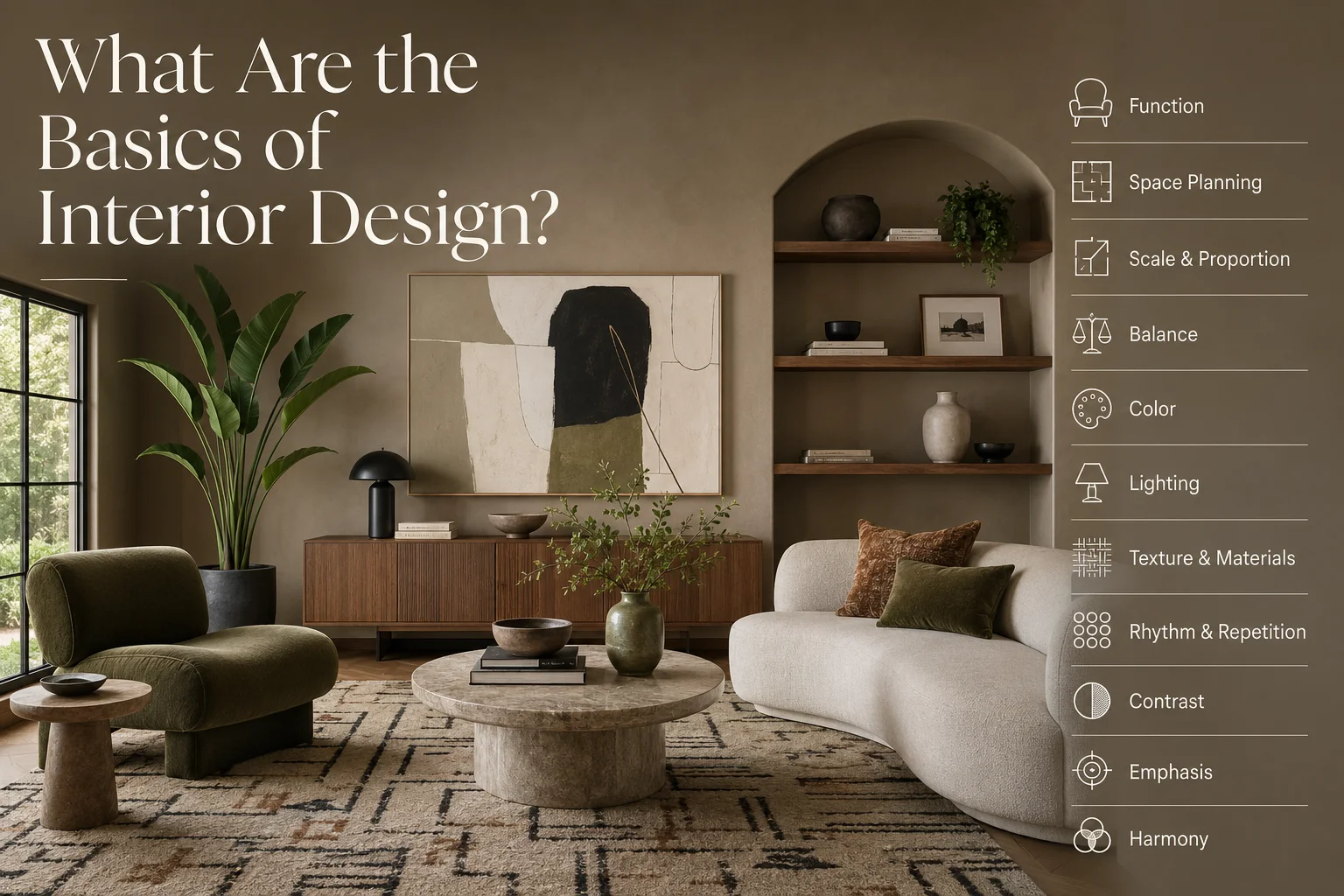 Interior design basics showing function, space planning, scale, balance, color, lighting, texture, rhythm, contrast, emphasis and harmony in a modern living room
