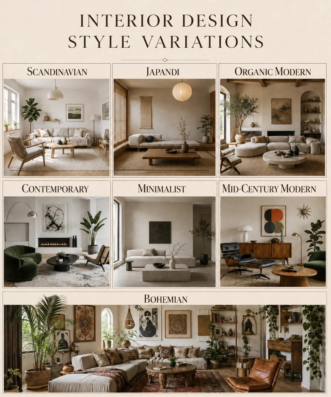 Interior design style variations infographic comparing Scandinavian, Japandi, Organic Modern, Contemporary, Minimalist, Mid-Century Modern and Bohemian living room styles
