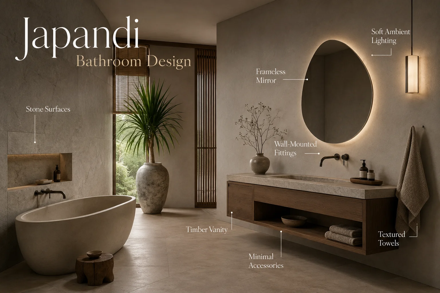Japandi bathroom design with natural stone surfaces, timber vanity, frameless mirror, wall-mounted fittings, textured towels and soft ambient lighting