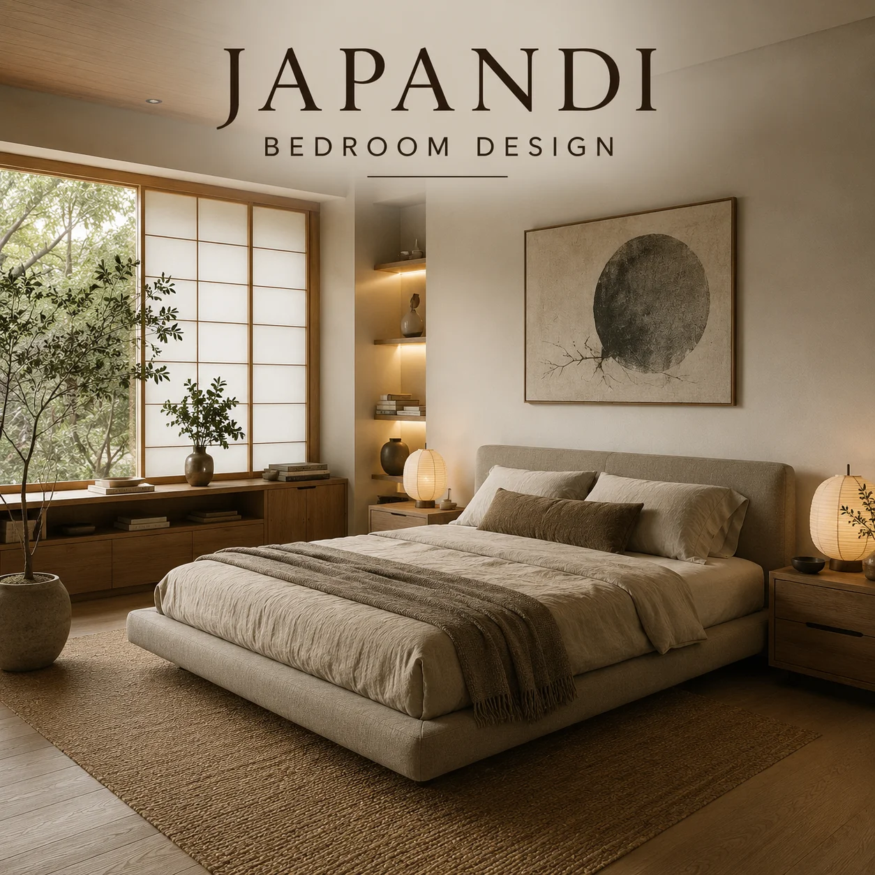Japandi bedroom design with low-profile upholstered bed, warm neutral bedding, natural wood storage, shoji-style windows, soft lighting and minimalist artwork
