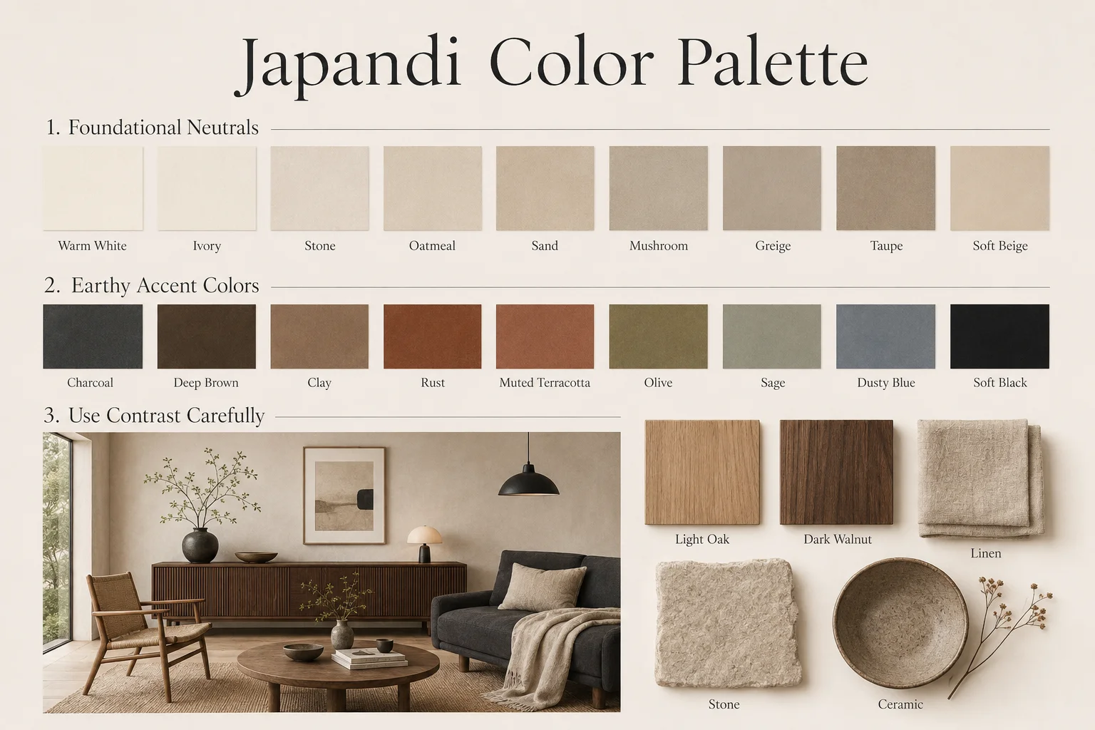 Japandi color palette moodboard with warm neutral swatches, earthy accent colors, natural material samples and a styled Japandi living room