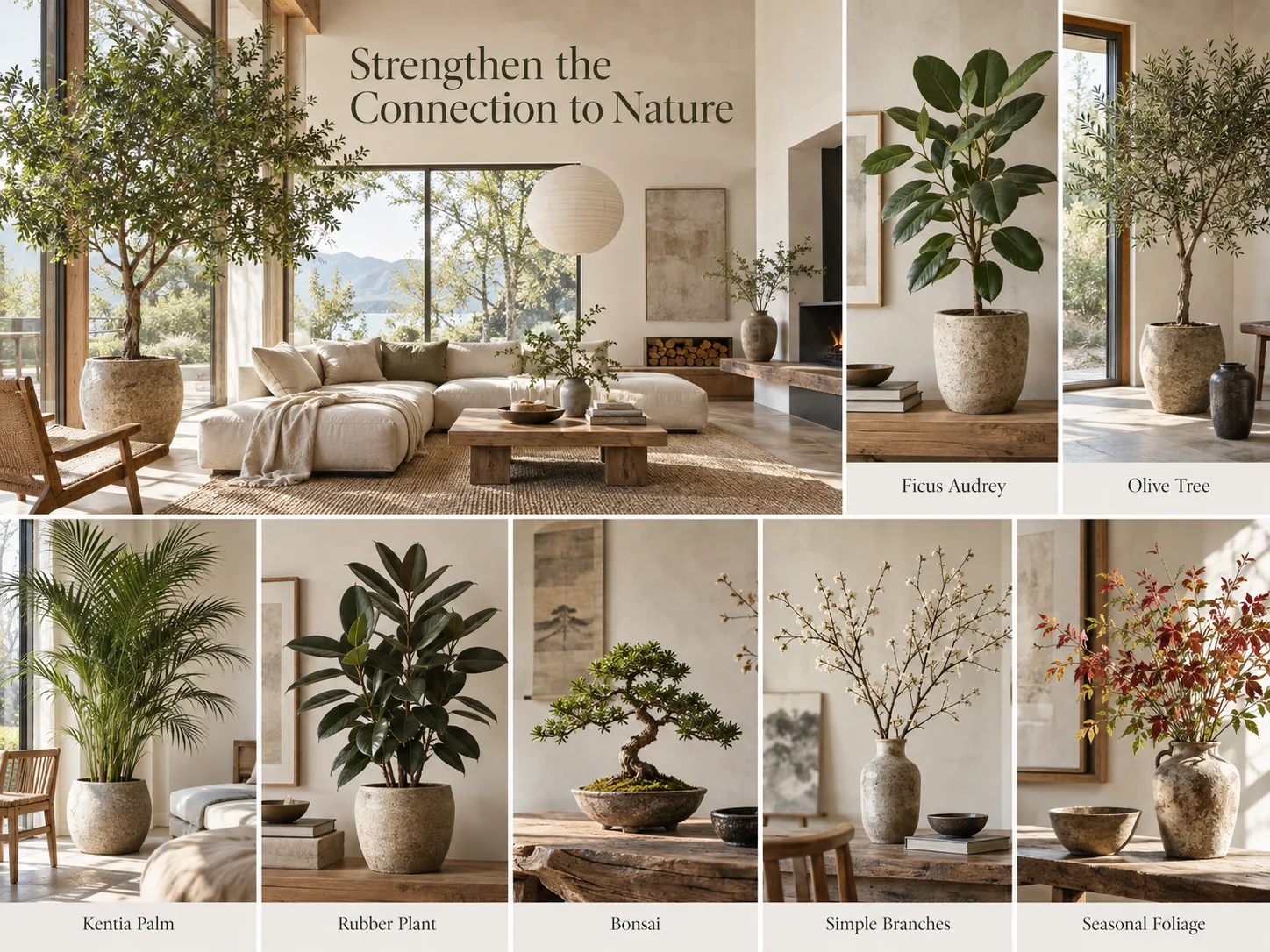 Japandi nature connection collage featuring Ficus Audrey, olive tree, Kentia palm, rubber plant, bonsai, simple branches and seasonal foliage
