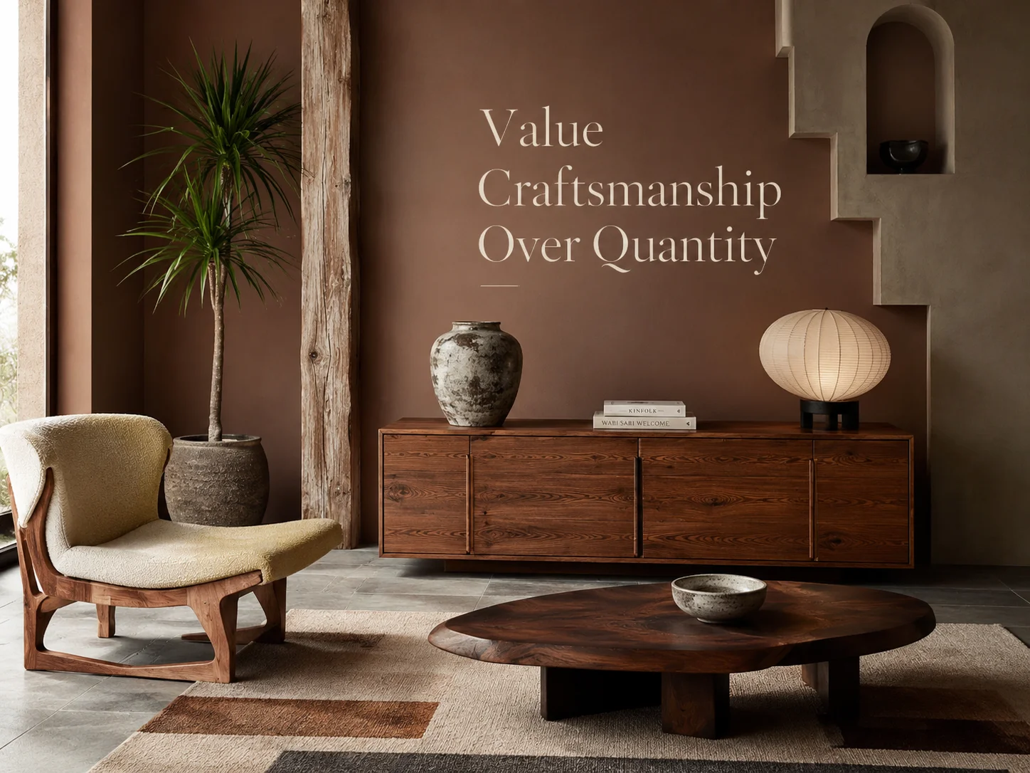 Japandi interior illustrating craftsmanship over quantity with solid wood furniture, handmade ceramics, natural textures and carefully selected decor