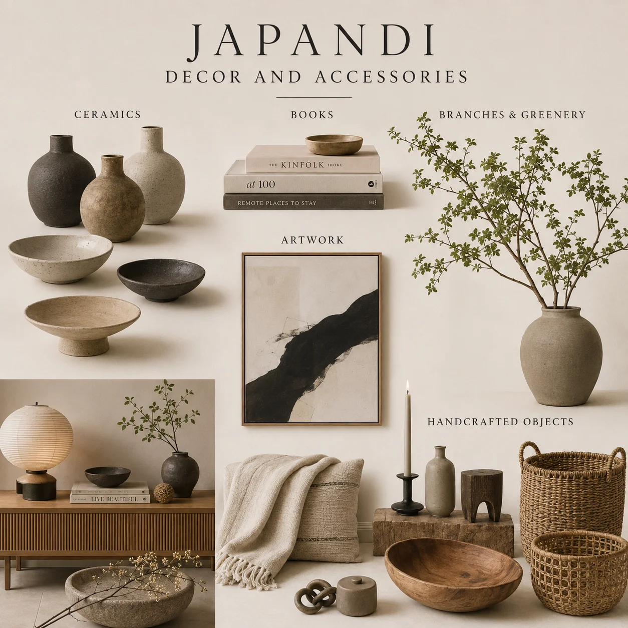 Japandi decor and accessories moodboard featuring handmade ceramics, books, branches, greenery, minimalist artwork and handcrafted natural objects