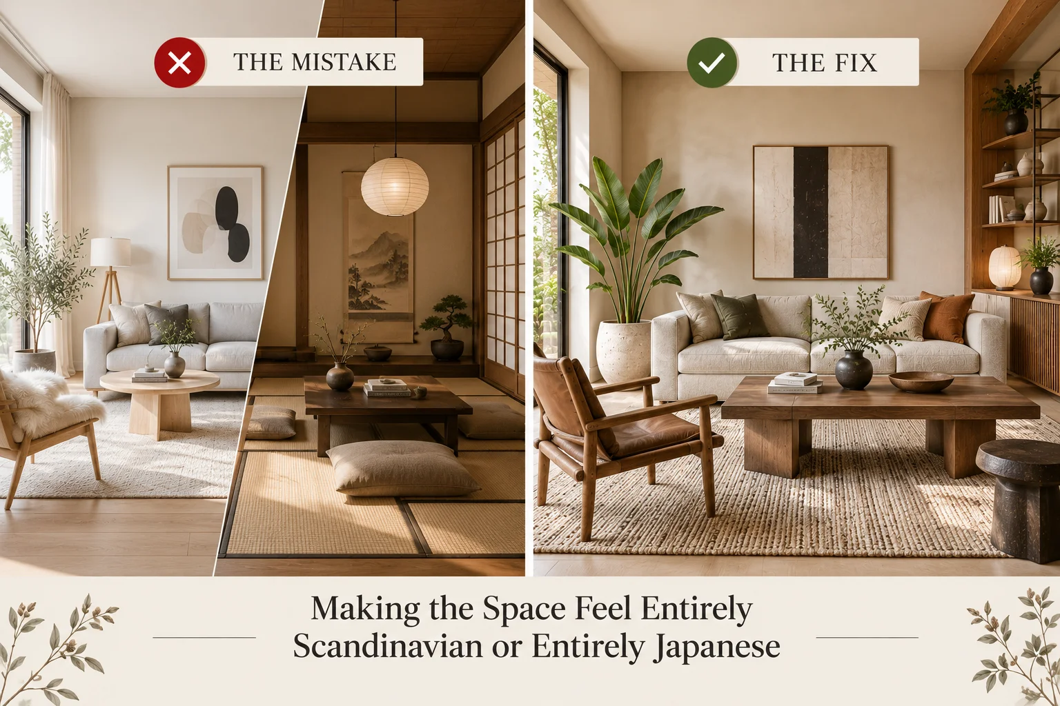 Japandi decorating mistake showing purely Scandinavian and Japanese interiors compared with a balanced Japandi living room blending both design traditions