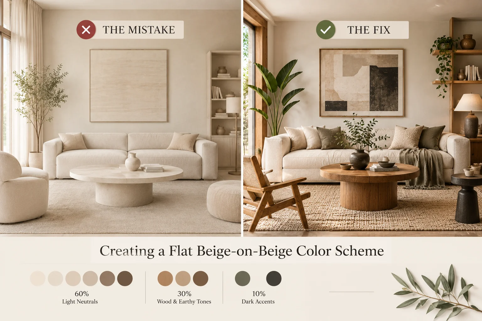 Japandi decorating mistake showing a flat beige-on-beige living room compared with a layered Japandi interior using warm neutrals, natural wood and dark accents