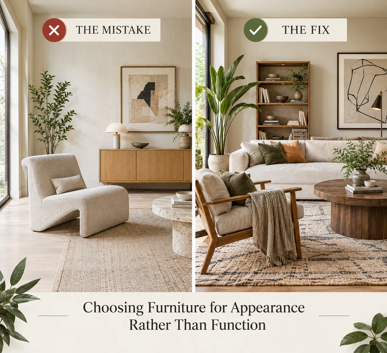 Japandi decorating mistake showing furniture chosen for appearance rather than function compared with a comfortable, practical Japandi living room