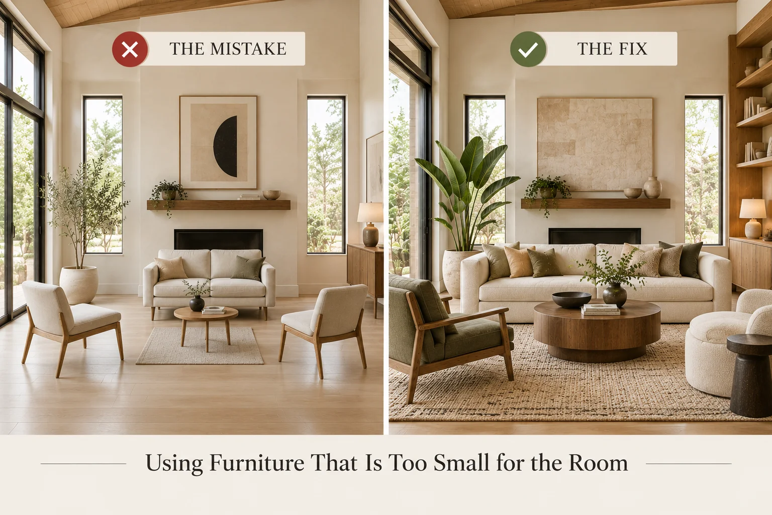Japandi decorating mistake showing furniture that is too small for the room compared with properly scaled seating, rug and coffee table