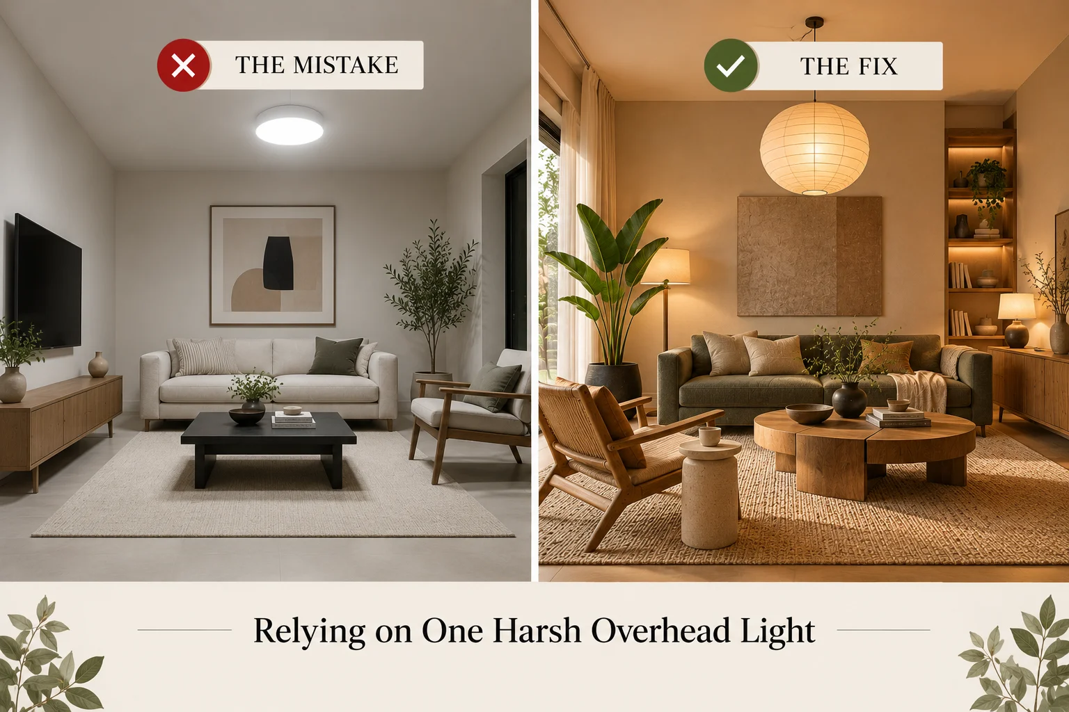 Japandi decorating mistake showing one harsh overhead light compared with warm layered lighting using pendant, floor, table and accent lights