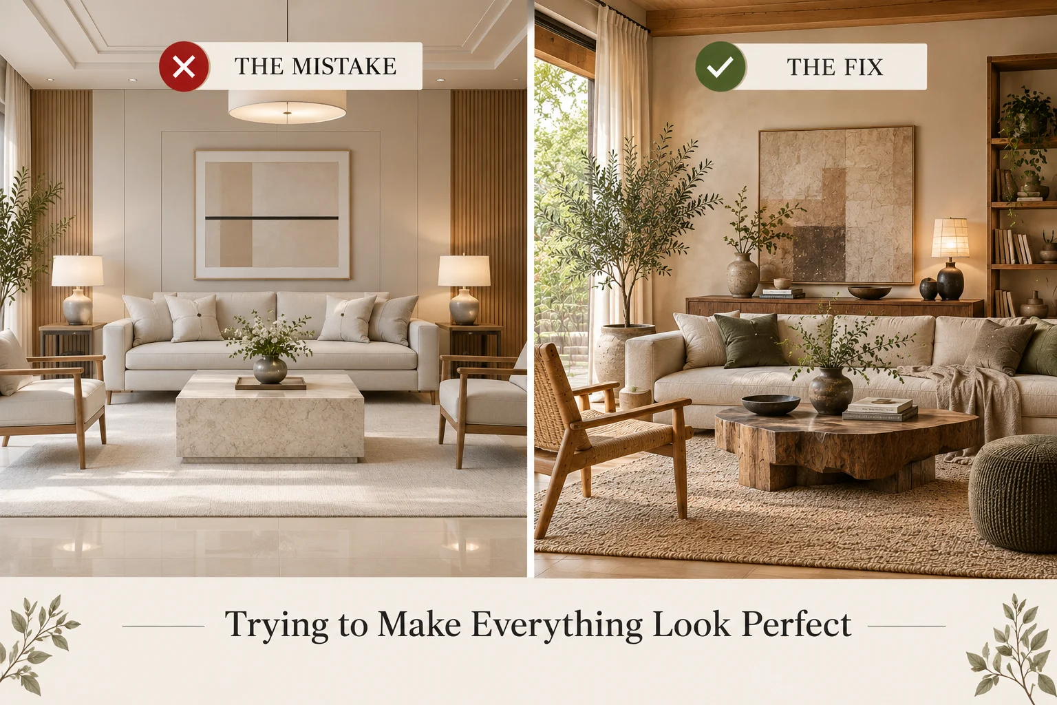 Japandi decorating mistake showing an overly perfect symmetrical living room compared with a warm Japandi space featuring natural variation and handcrafted details