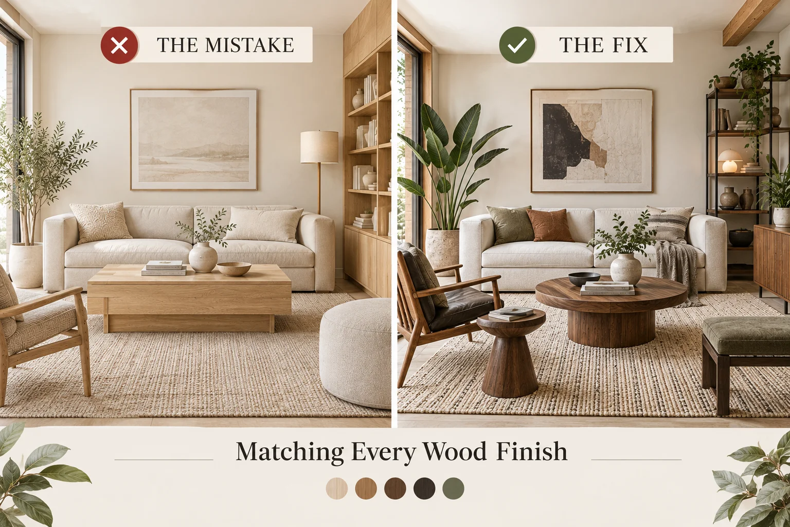 Japandi decorating mistake showing overly matched wood finishes compared with a balanced living room using complementary oak and walnut tones