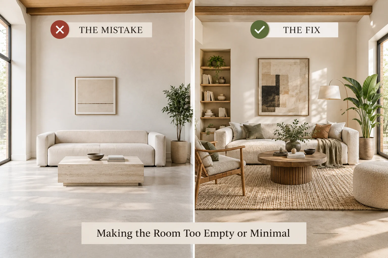 Japandi decorating mistake showing an overly empty minimalist living room beside a balanced Japandi room with comfortable furniture, texture, artwork and greenery