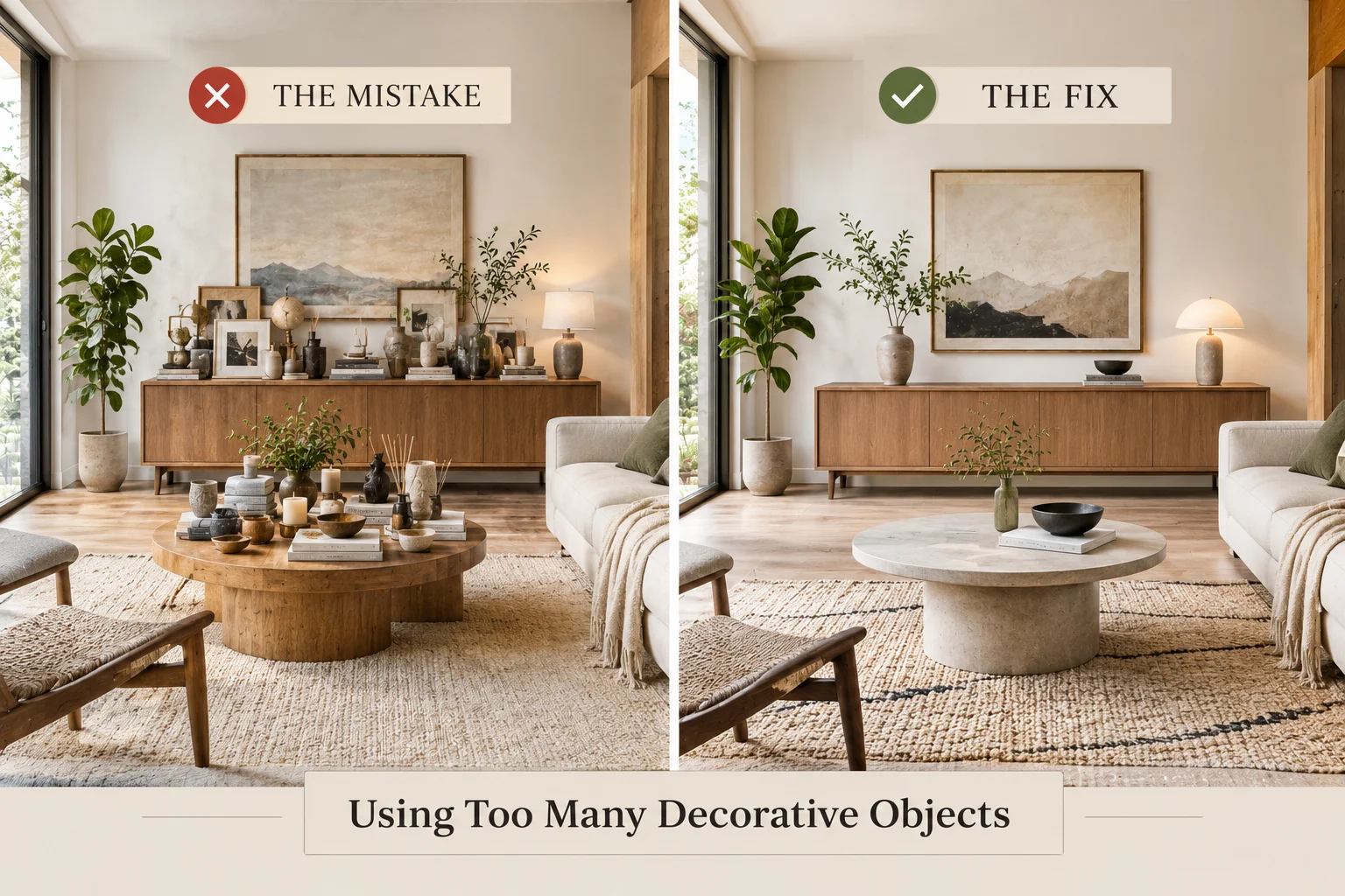 Japandi decorating mistake showing too many decorative objects on a console and coffee table compared with a calm, thoughtfully edited Japandi living room