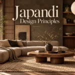 Japandi living room featuring natural wood, neutral upholstery, handcrafted decor, organic textures and restrained styling for Japandi design principles