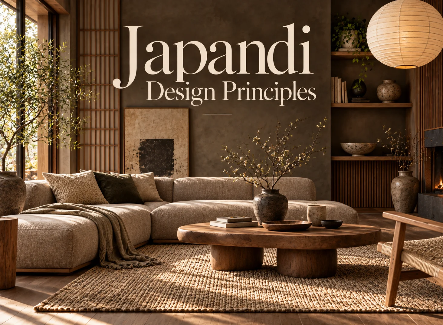 Japandi living room featuring natural wood, neutral upholstery, handcrafted decor, organic textures and restrained styling for Japandi design principles
