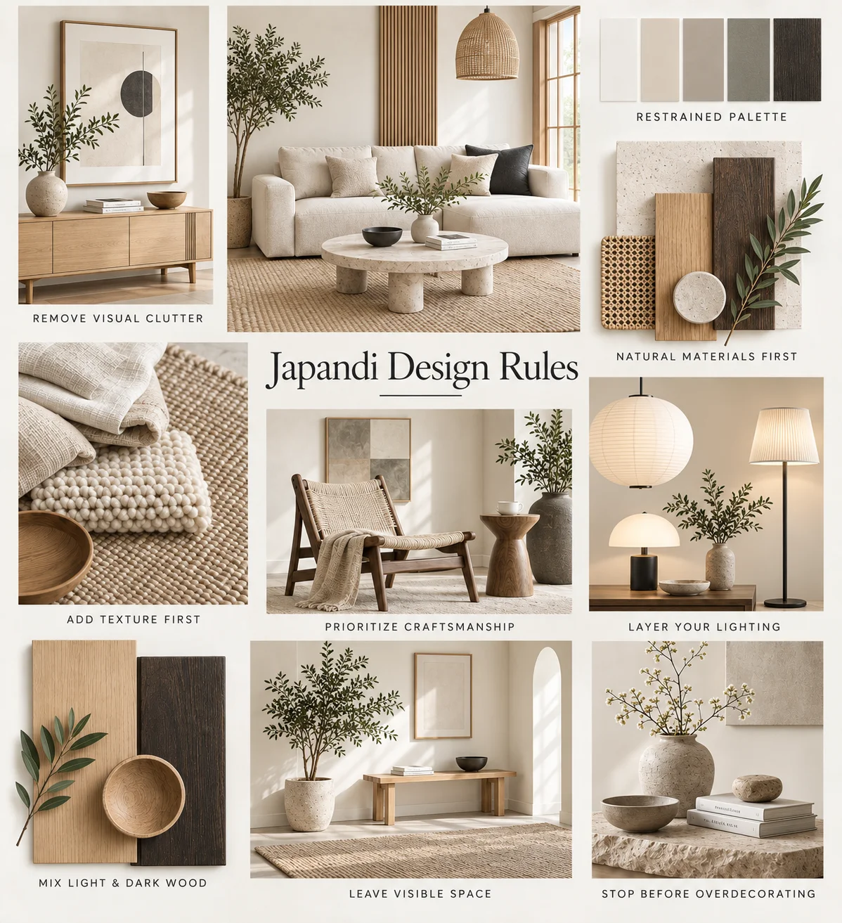 Japandi design rules collage showing restrained colors, natural materials, layered textures, mixed wood tones, craftsmanship, lighting, negative space and minimal decor