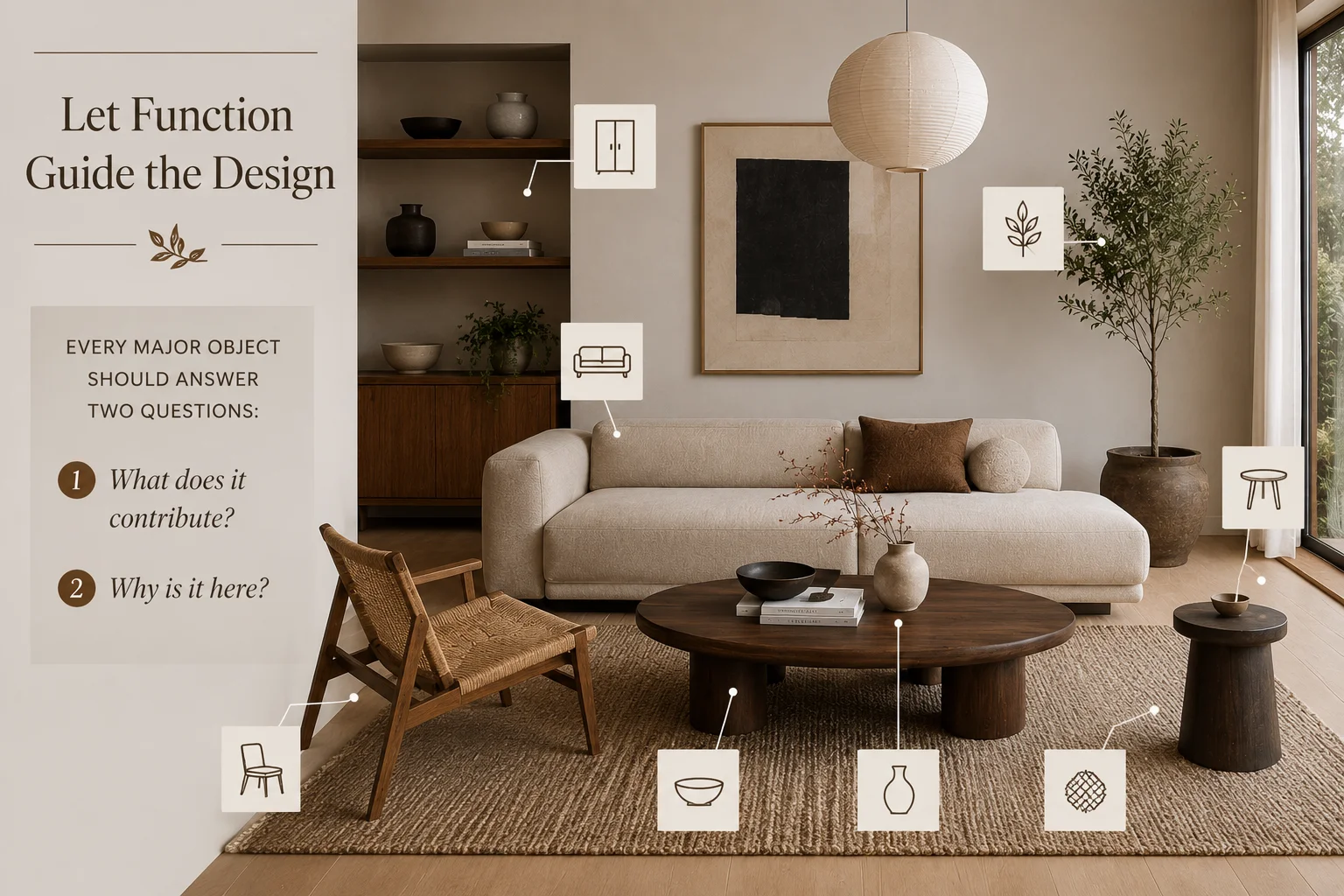 Japandi living room illustrating functional design with purposeful furniture, natural materials, concealed storage and intentional object placement