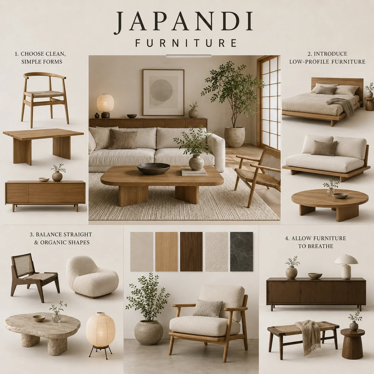 Japandi furniture moodboard featuring clean-lined wood furniture, low-profile seating, organic shapes, natural materials and open negative space