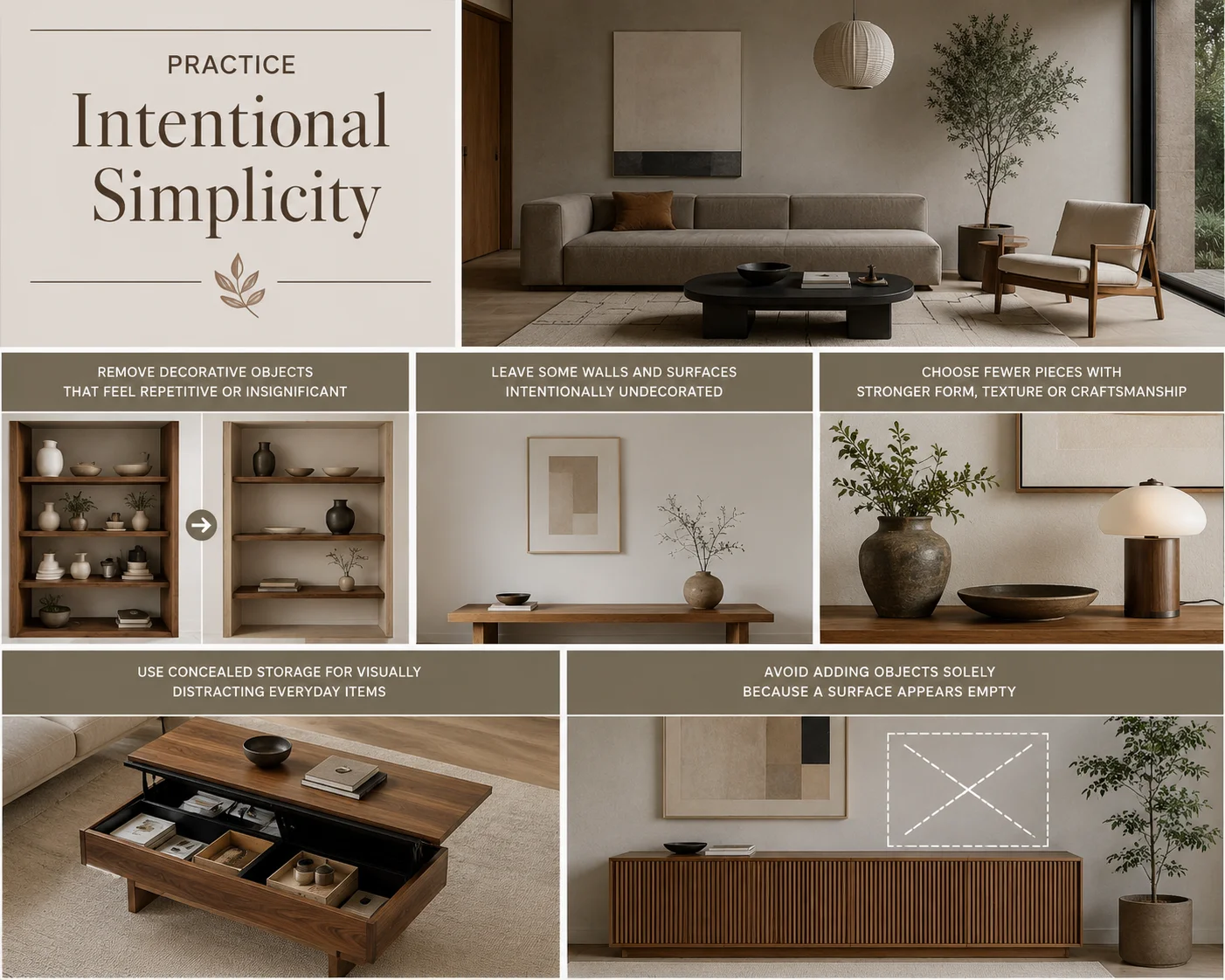 Japandi intentional simplicity collage showing uncluttered surfaces, fewer decorative objects, concealed storage, negative space and carefully chosen furniture