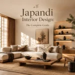Japandi interior design living room with warm neutral tones, natural wood, minimalist furniture, and cozy decor