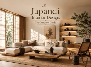 Japandi interior design living room with warm neutral tones, natural wood, minimalist furniture, and cozy decor