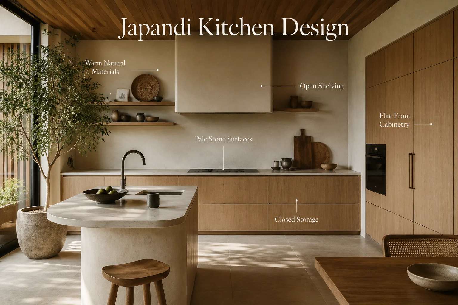 Japandi kitchen design with flat-front wood cabinetry, pale stone surfaces, open shelving, closed storage, dark accents and natural greenery
