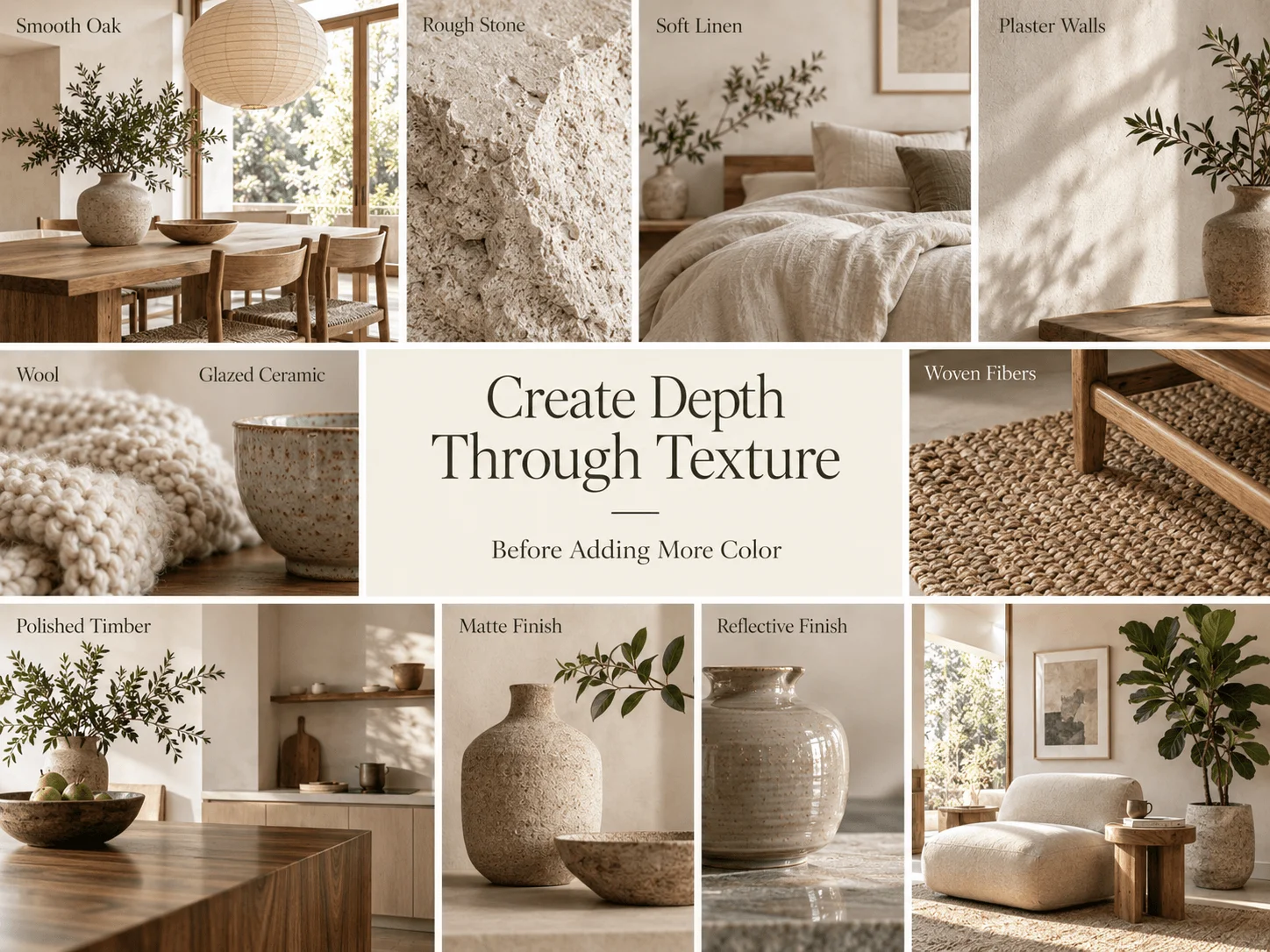 Japandi texture collage featuring smooth oak, rough stone, soft linen, plaster walls, wool, glazed ceramic, woven fibers, polished timber and matte finishes