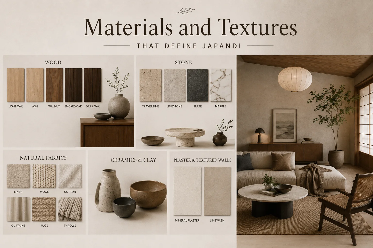 Japandi materials and textures moodboard featuring natural wood, stone, linen, wool, cotton, handmade ceramics, clay and textured plaster finishes