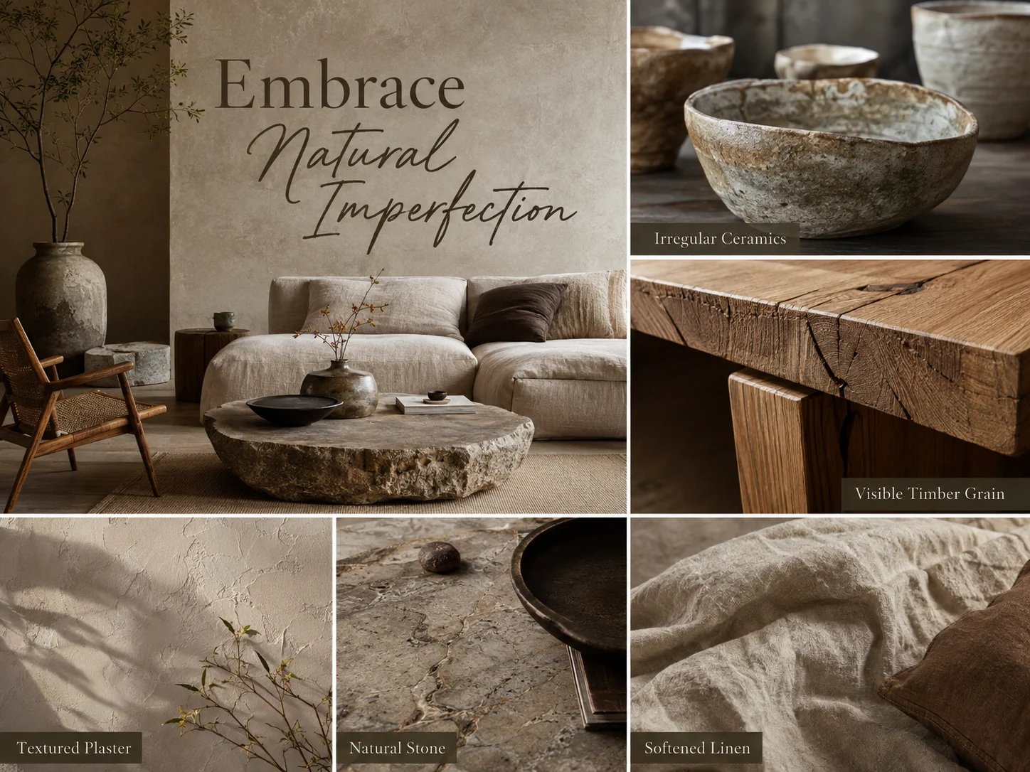 Japandi natural imperfection collage featuring irregular ceramics, visible timber grain, textured plaster, natural stone and softened linen