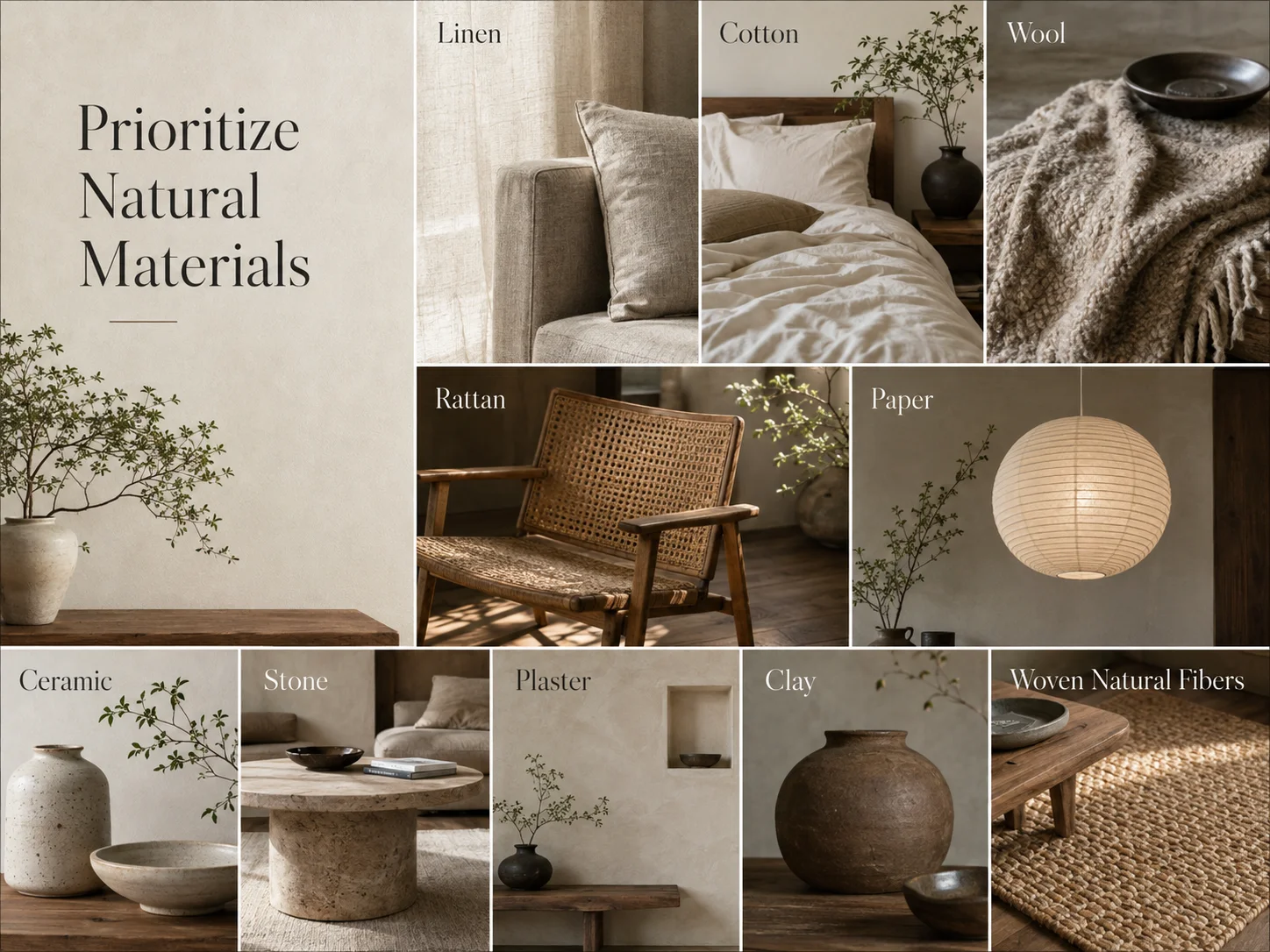 Japandi natural materials collage featuring linen, cotton, wool, rattan, paper, ceramic, stone, plaster, clay and woven natural fibers