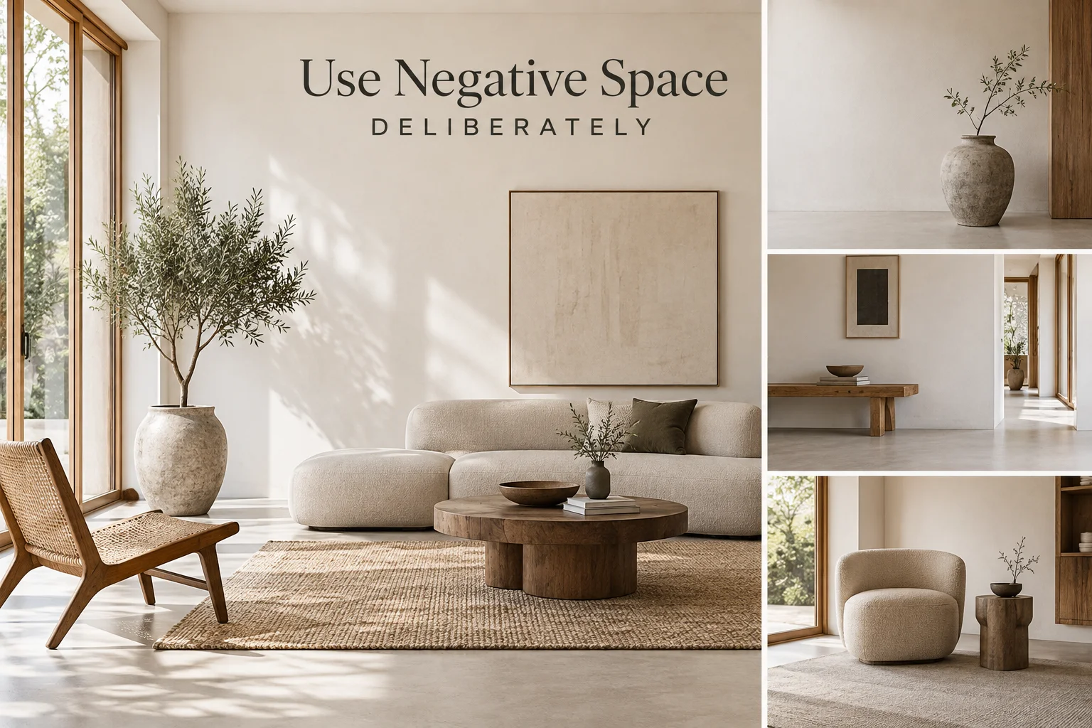 Japandi living room using negative space with open floor areas, restrained decor, purposeful furniture placement and uncluttered surfaces