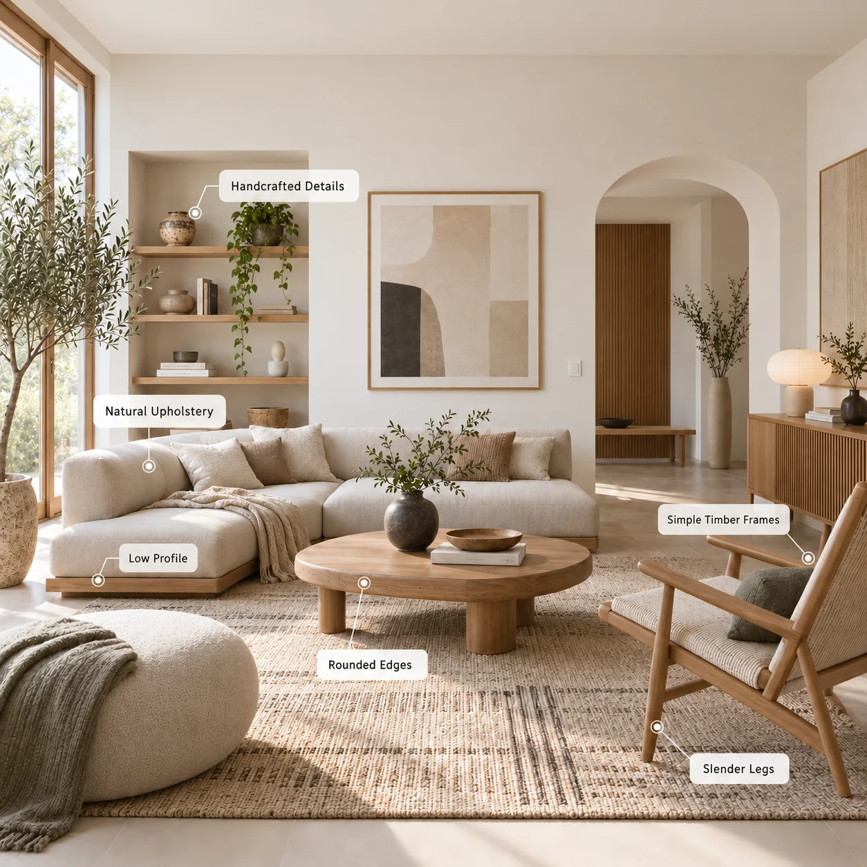 Japandi living room highlighting low-profile furniture, simple timber frames, rounded edges, slender legs, natural upholstery and handcrafted details