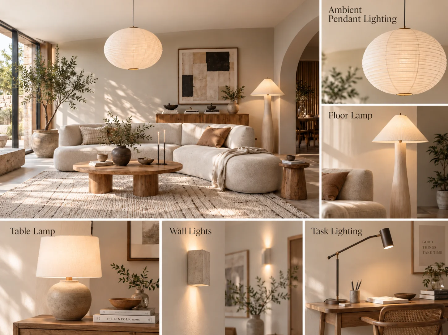 Japandi layered lighting collage featuring pendant lighting, floor lamp, table lamp, wall lights and focused task lighting in a warm neutral interior
Image Title: Soft Layered Lighting in Japandi Interior Design