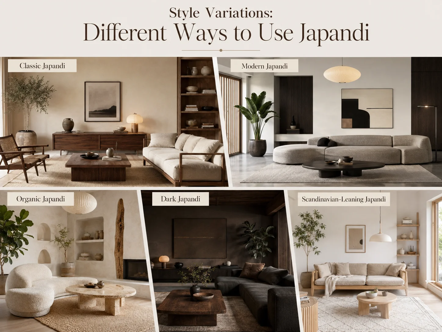 Japandi style variations collage featuring classic, modern, organic, dark and Scandinavian-leaning Japandi living rooms