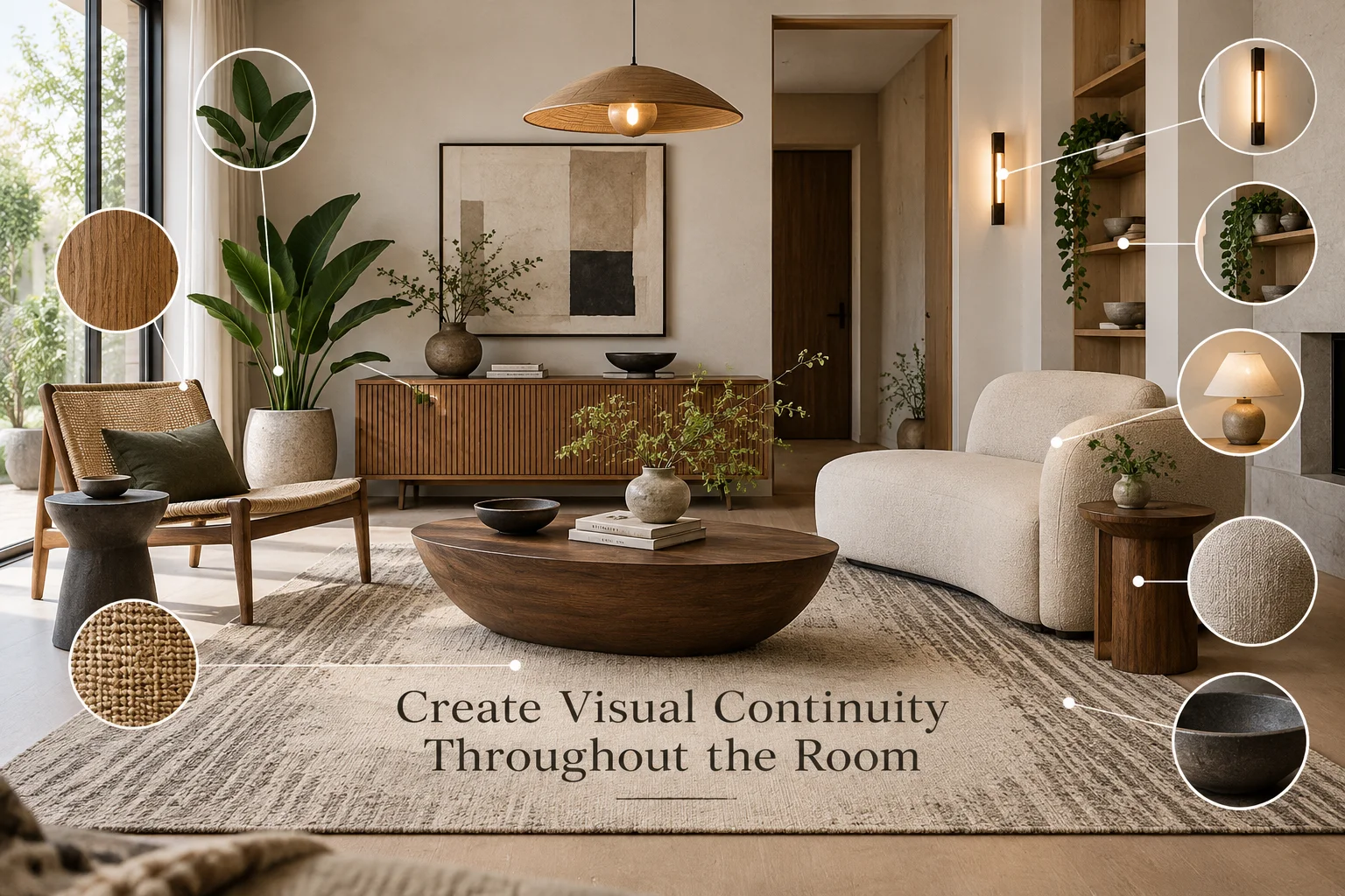 Japandi living room illustrating visual continuity through repeated wood tones, neutral upholstery, black accents, natural textures and coordinated decor